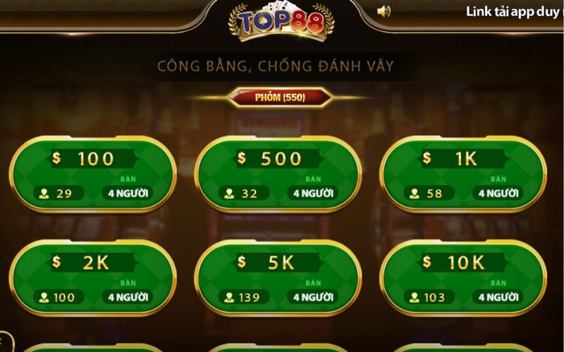 Giao diện game Phỏm trên cổng game Top88